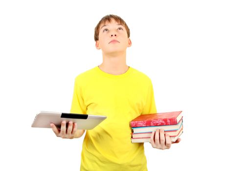 Kid choose between Tablet and the Books on the White Background