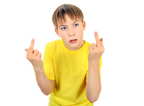 Teenager with Middle Finger gesture on the White Background