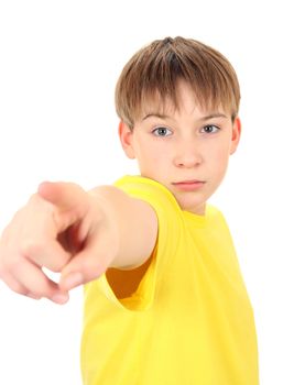 Serious Boy pointing Isolated on the White Background