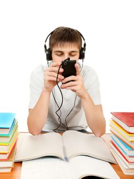 Bored Student in Headphones with the Books on the White Background
