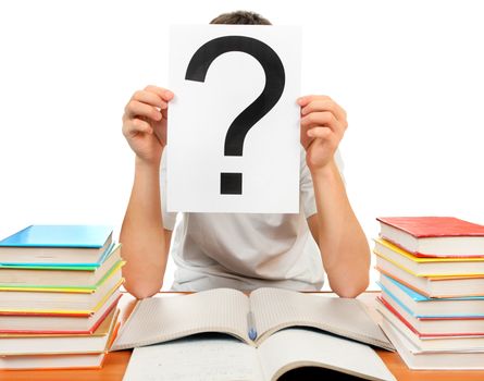 Student with Question Mark with the Books on the White Background