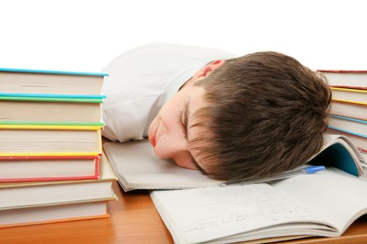 Tired Student sleep on the School Desk on the White Background