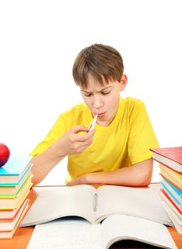 Sick Schoolboy with Thermometer and Books on the White Background
