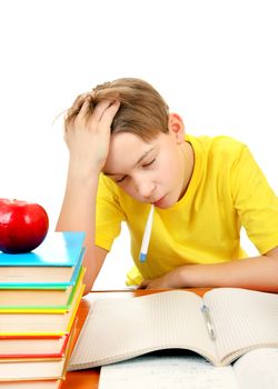 Sick Schoolboy with Thermometer and Books on the White Background