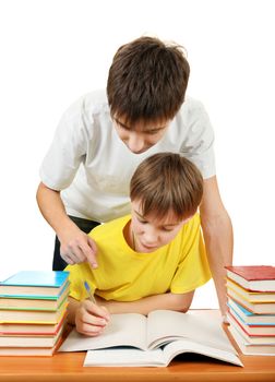 Older Brother and Little Brother doing Homework on the White Background