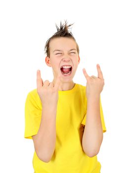 Kid with Sign of the Horns Isolated on the White Background