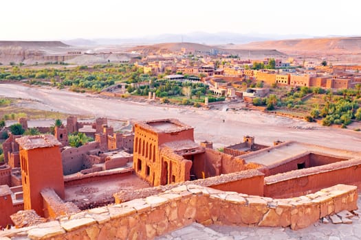 The fortified town of Ait ben Haddou near Ouarzazate Morocco on the edge of the sahara desert in Morocco. Famous for its use as a set in many films such as Lawrence of Arabia, Gladiator