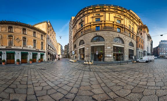 MILAN, ITALY - JANUARY 2, 2015:  Via Cesare Beccaria and Excelsior Department Store in Milan. Excelsior Store belongs to the Coin Group which is Italy���s largest clothing retailer.