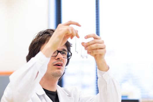 Male researcher carrying out scientific research in a lab (shallow DOF; color toned image)