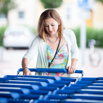 Beautiful young woman going shopping for groceries (color toned image)