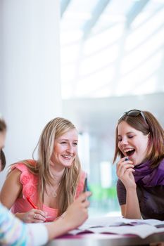 Group of college/university students during a brake between classes - chatting, comparing notes, having fun (shallow DOF; color toned image)