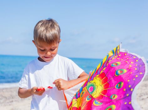 Summer vacation - Portrait of cute boy flying kite beach outdoor.