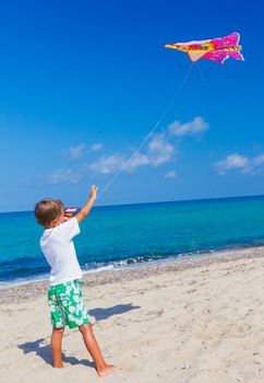 Summer vacation - Cute boy flying kite beach outdoor.