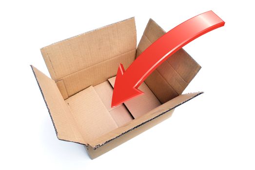 An opened box with a Rendered Arrow showing a Packing Concept