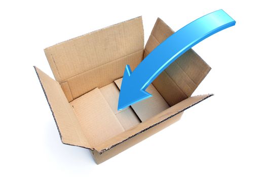 An opened box with a Rendered Arrow showing a Packing Concept