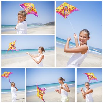 Collage of images beach cute girl kite flying outdoor coast ocean