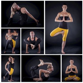Collage of images young couple doing yoga. On black backgraund