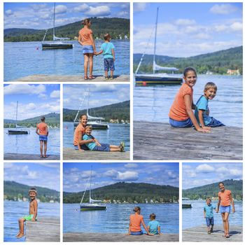 Summer vacation  at the lake - Collage of images two happy kids on the pier and watching on the yacht