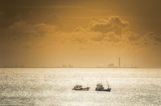 Fishing sea boat and blue sea nature in Thailand vintage