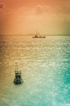 Fishing sea boat and blue sea nature in Thailand vintage