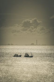 Fishing sea boat and blue sea nature in Thailand vintage