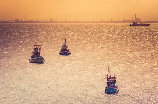 Fishing sea boat and blue sea nature in Thailand vintage