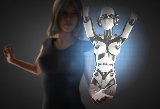 woman and hologram with robot