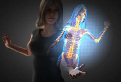 woman and hologram with bones radiography