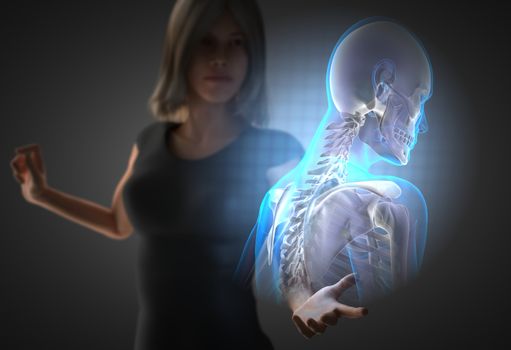 woman and hologram with bones radiography