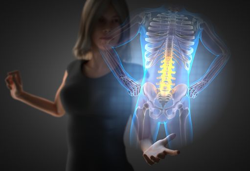 woman and hologram with bones radiography