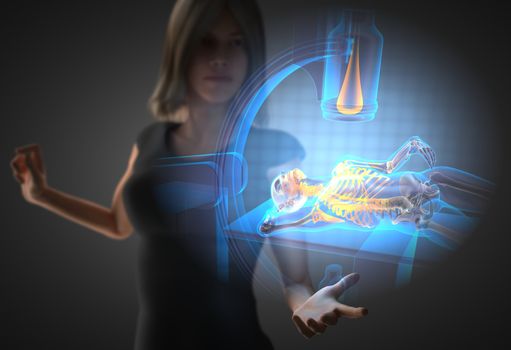 woman and hologram with roentgen procedure