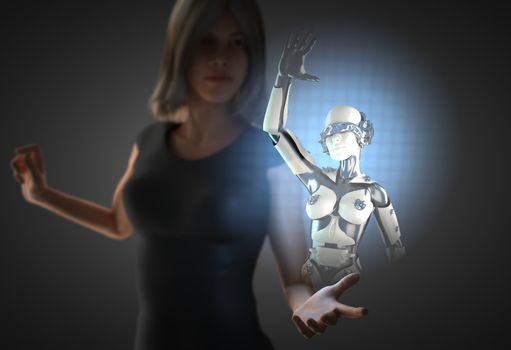 woman and hologram with robot