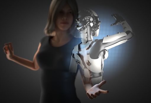 woman and hologram with robot