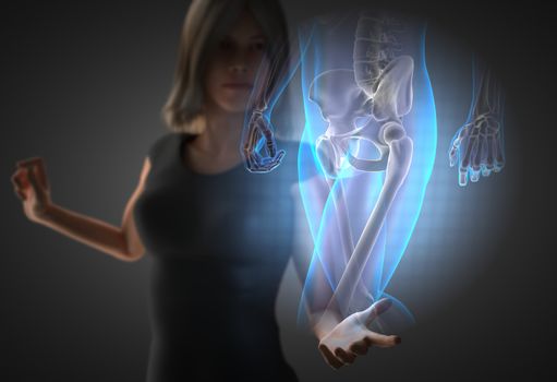 woman and hologram with hip radiography