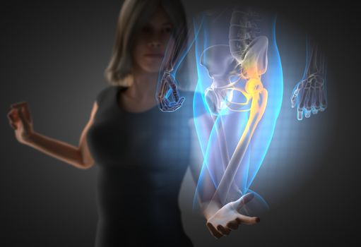 woman and hologram with hip radiography
