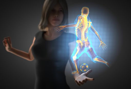 woman and hologram with soccer