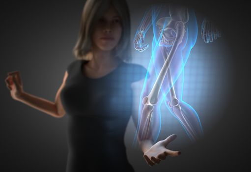 woman and hologram with knee radiography