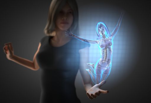 woman and hologram with bones radiography