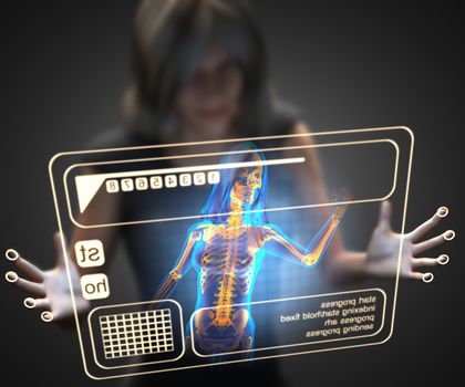 woman and hologram with bones radiography