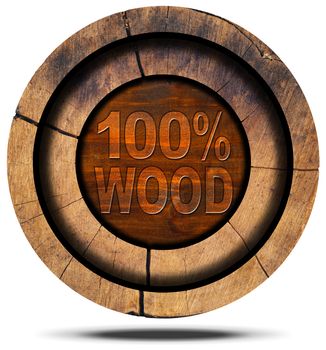 Wooden icon with wooden section of tree trunk and wooden text 100% (percent) wood. Isolated on white background