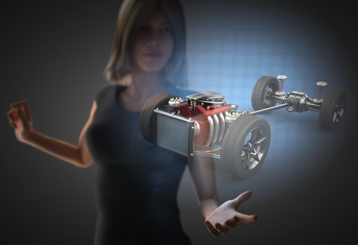 woman and hologram with car chassis