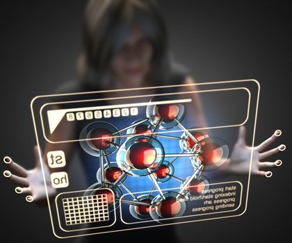 woman and hologram with atom model