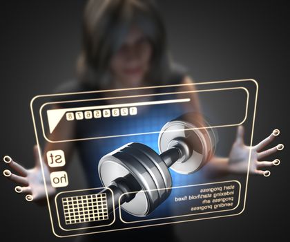 woman and hologram with dumbbell