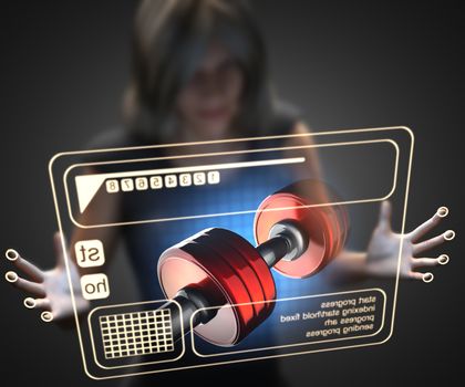 woman and hologram with dumbbell