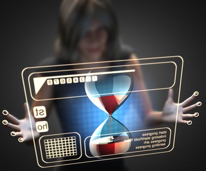 woman and hologram with hourglass