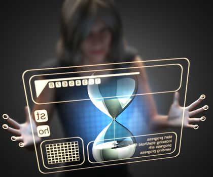 woman and hologram with hourglass
