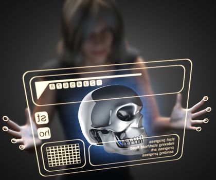 woman and hologram with skull