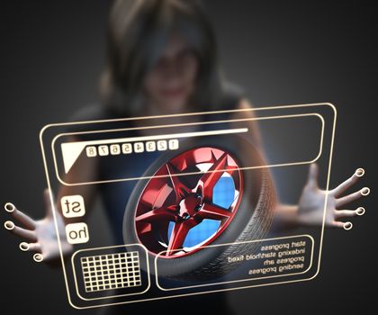 woman and hologram with car wheel