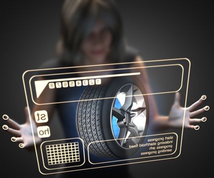woman and hologram with car wheel
