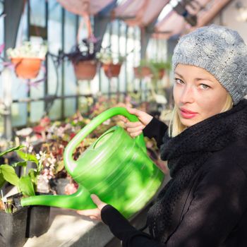Portrait of florists woman working with flowers in a greenhouse holding a watering can in her hand. Small business owner.